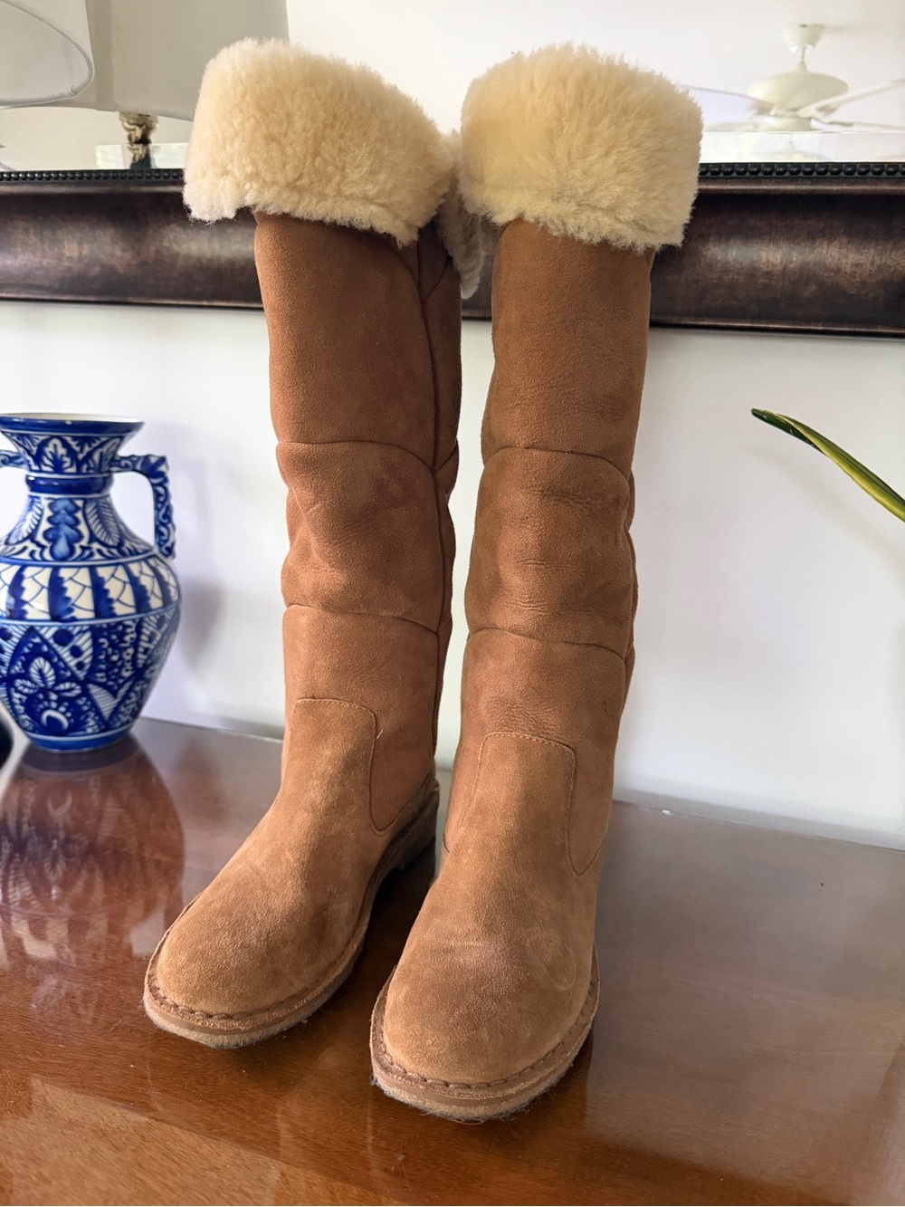 UGG Chestnut Suede Tall Boots with Cream Shearling Cuff